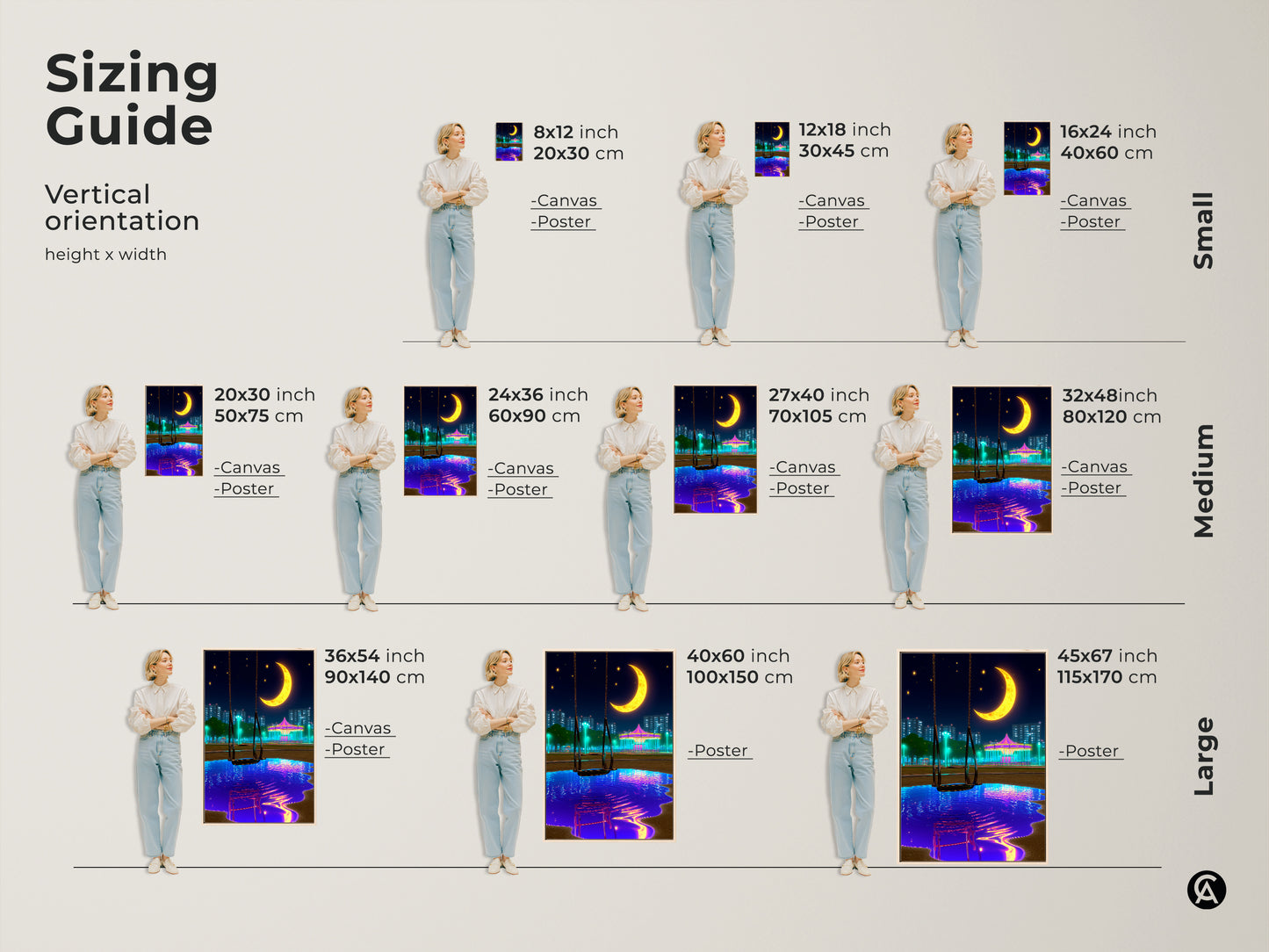 Sizing guide showcasing the vertical orientation of our surreal moon carousel art. Available in small medium and large sizes for canvas or poster prints. This vaporwave nightscape makes a unique eclectic bedroom decor piece. A perfect blue yellow anime fan gift.