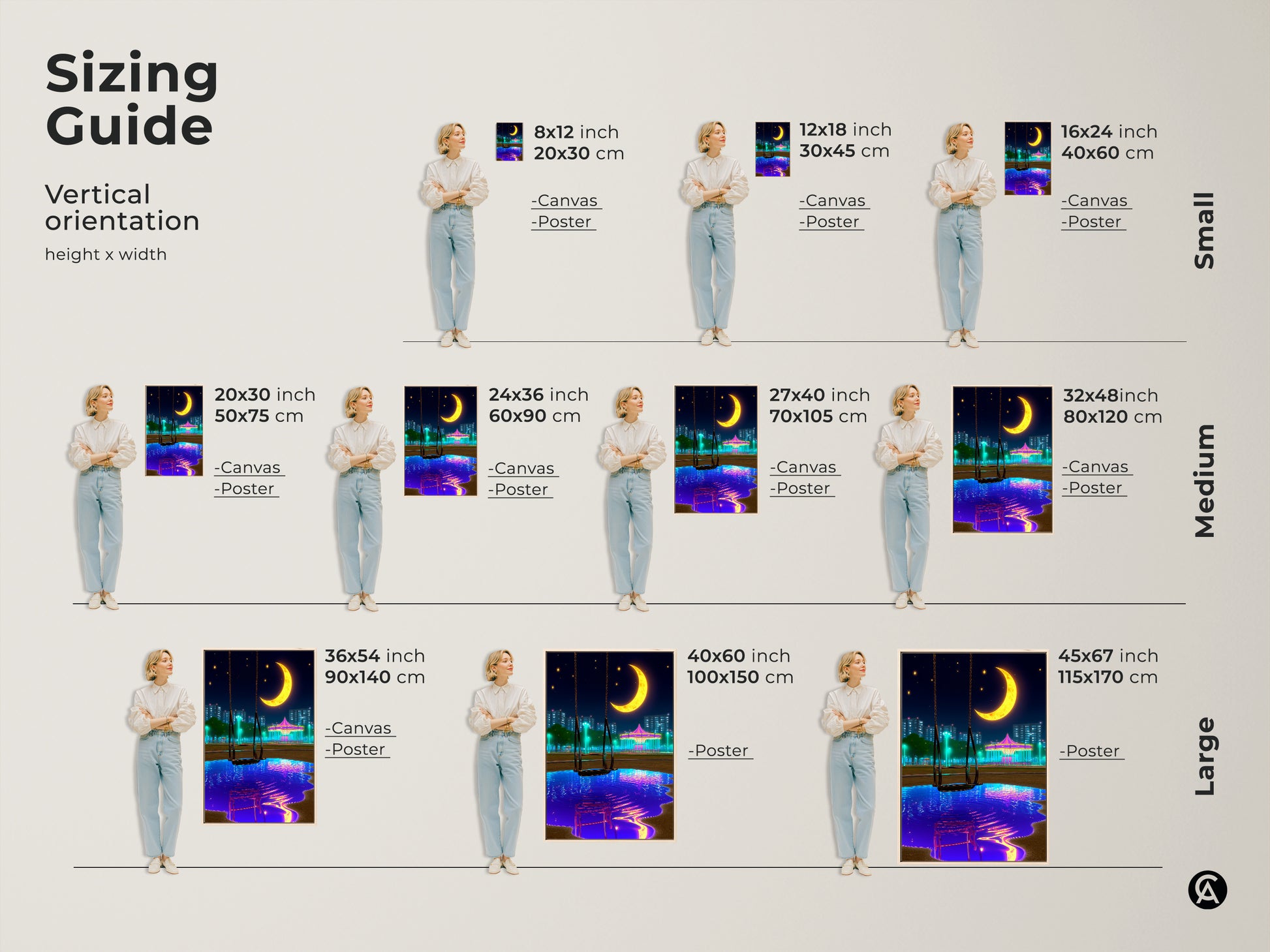 Sizing guide showcasing the vertical orientation of our surreal moon carousel art. Available in small medium and large sizes for canvas or poster prints. This vaporwave nightscape makes a unique eclectic bedroom decor piece. A perfect blue yellow anime fan gift.