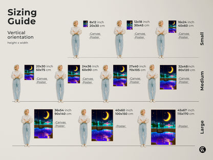 Sizing guide showcasing the vertical orientation of our surreal moon carousel art. Available in small medium and large sizes for canvas or poster prints. This vaporwave nightscape makes a unique eclectic bedroom decor piece. A perfect blue yellow anime fan gift.