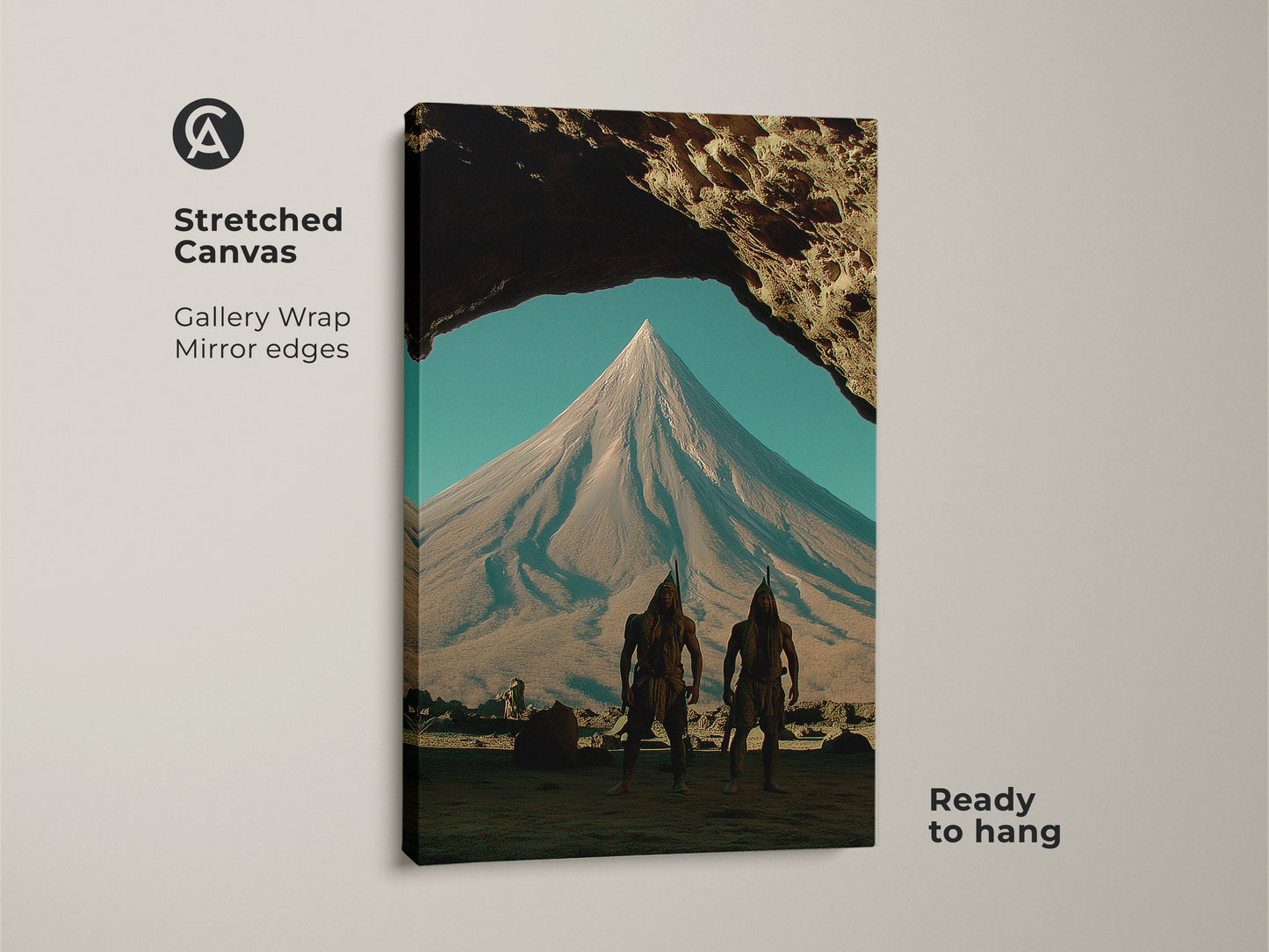 Stretched Canvas of surreal fantasy landscape art print. The gallery wrap includes mirror edges. The artwork features tribal warriors and earth tones. It's a ready to hang piece of mountain peak scene art. A perfect gift for adventure seekers.