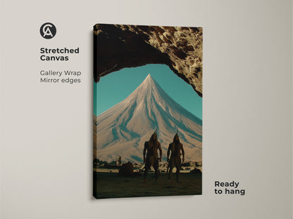 Stretched Canvas of surreal fantasy landscape art print. The gallery wrap includes mirror edges. The artwork features tribal warriors and earth tones. It's a ready to hang piece of mountain peak scene art. A perfect gift for adventure seekers.