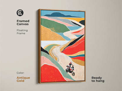 Transform your living space with this framed canvas art featuring a mountain road adventure. The antique gold frame accentuates the abstract geometric art style. This motorcycle artwork adds a unique touch to any eclectic home or office. The canvas is ready to hang.