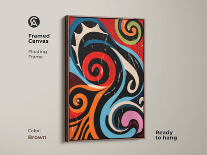 This is framed canvas in brown that features colorful abstract artwork. The floating frame highlights the retro swirls in red orange and blue. This mid-century modern art is ready to hang. This eye-catching geometric print is suitable for office decor adding an eclectic touch.