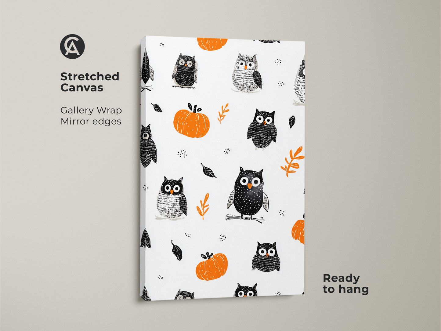 Stretched Canvas Gallery Wrap of Whimsical Owl and Pumpkin Art Print. This Halloween seasonal decor is perfect for a kids room. The orange black and white nursery art features a cute animal wall art. The print is ready to hang making it easy to add a festive touch to your home.