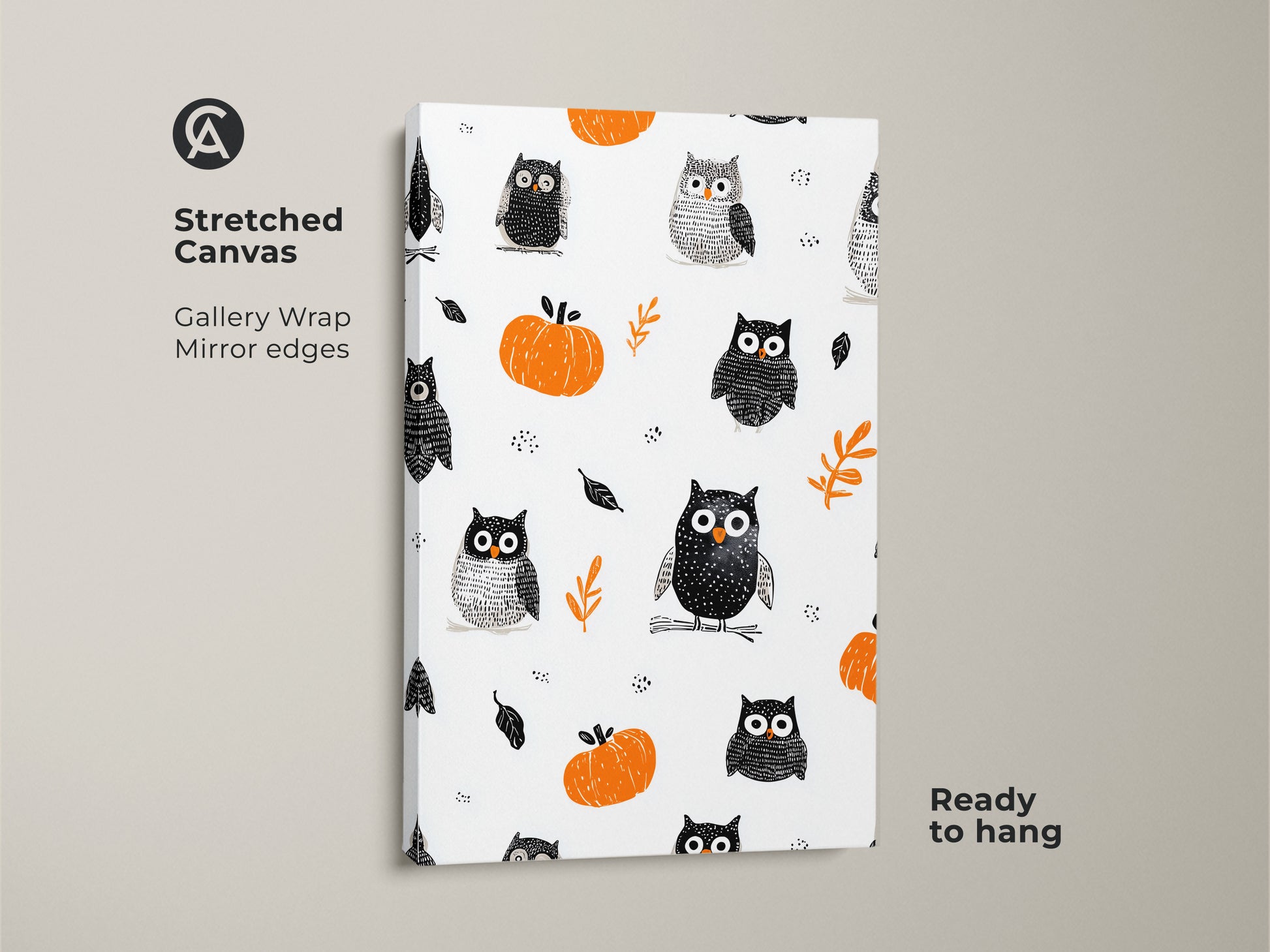 Stretched Canvas Gallery Wrap of Whimsical Owl and Pumpkin Art Print. This Halloween seasonal decor is perfect for a kids room. The orange black and white nursery art features a cute animal wall art. The print is ready to hang making it easy to add a festive touch to your home.
