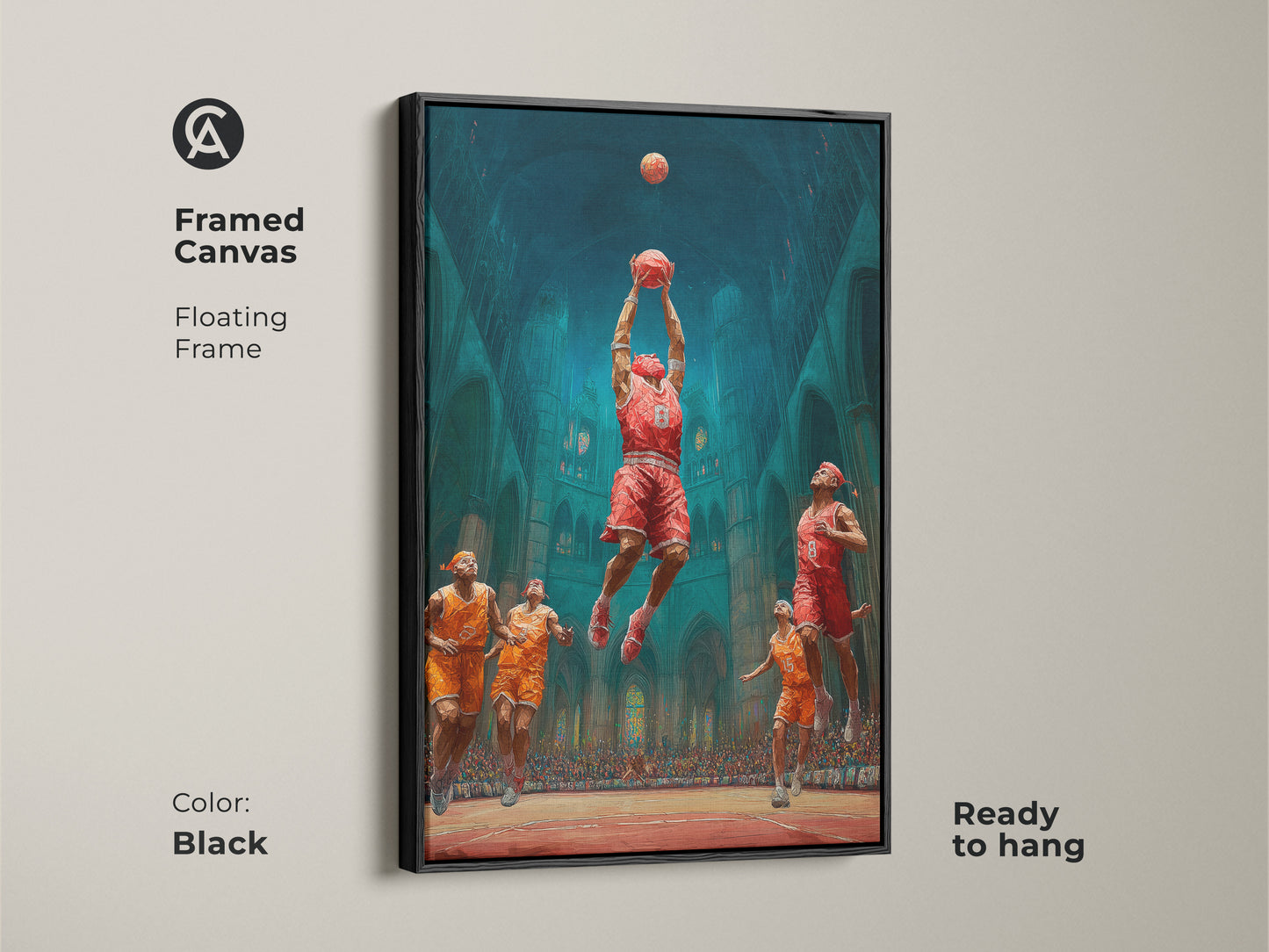 Enhance your wall decor with this framed canvas art. It features a basketball dunk within a gothic cathedral. A black floating frame adds elegance and it is ready to hang. It is perfect as teen room wall art or a sports gift.