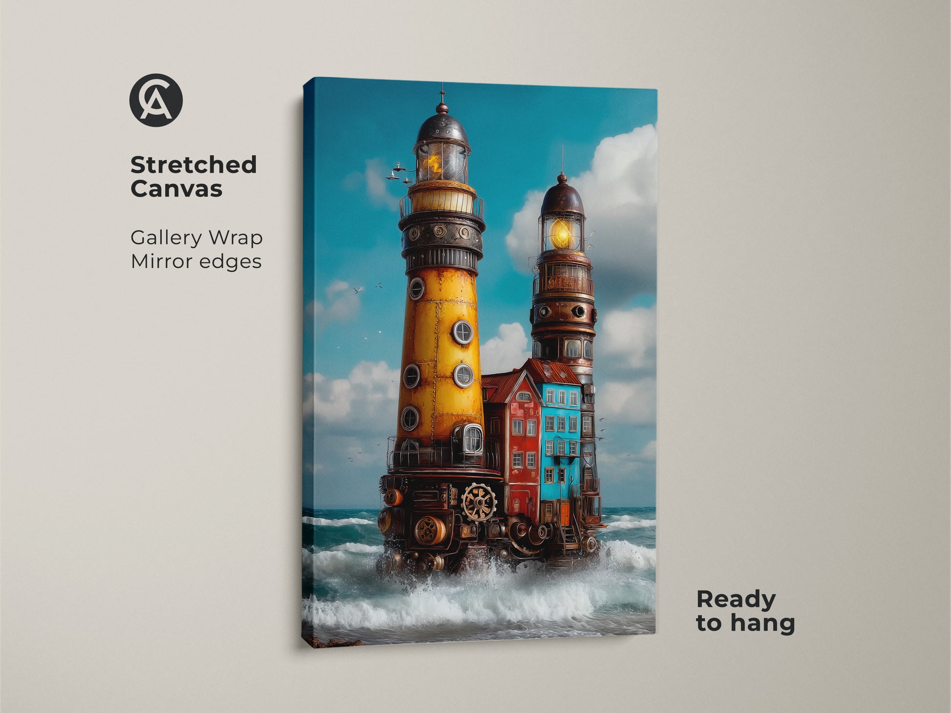 Stretched canvas showcasing steampunk lighthouse artwork. The industrial nautical coastal wall art is gallery wrapped with mirrored edges. This ocean seascape canvas print is ready to hang for home office decor.
