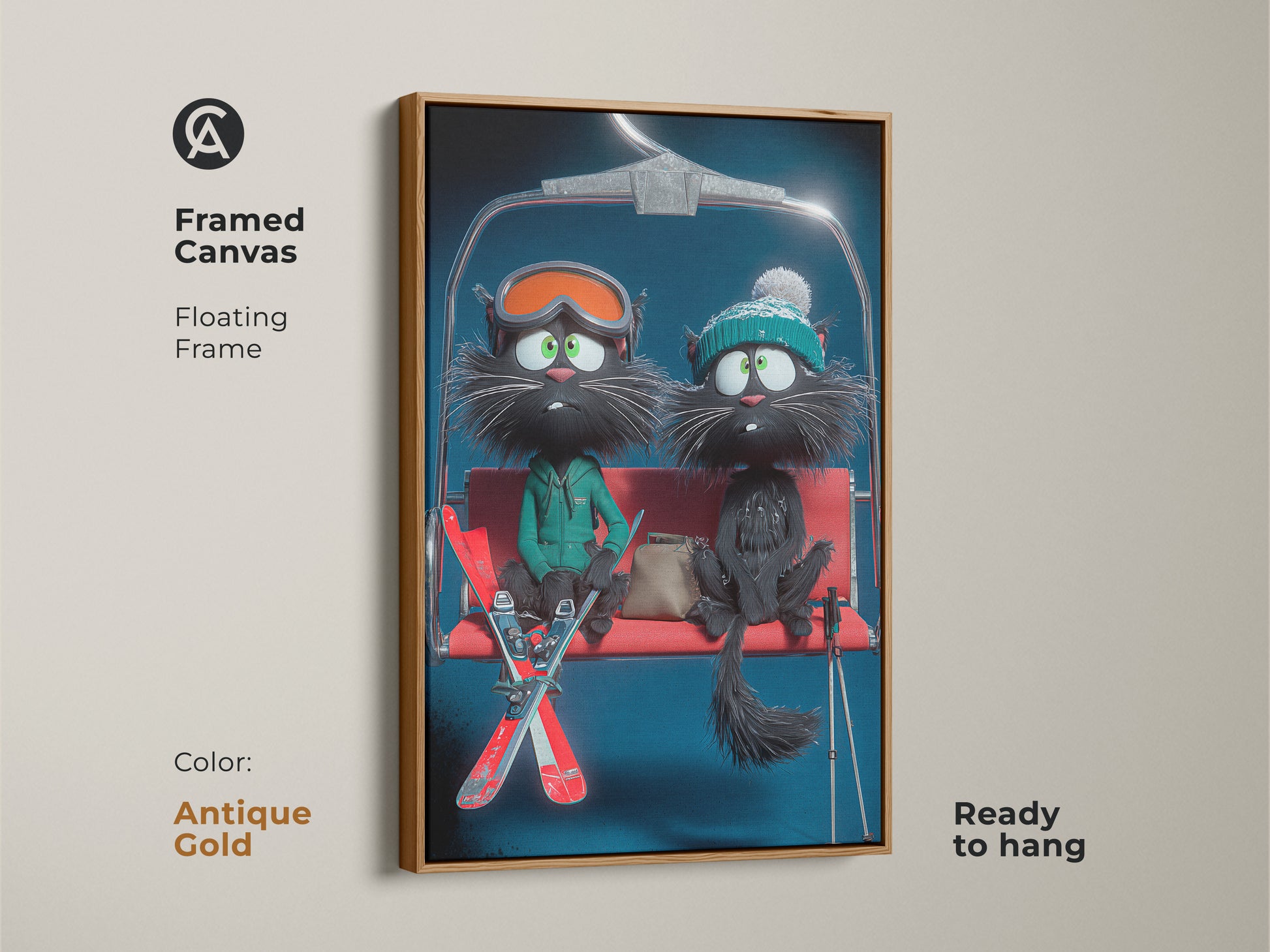 A framed canvas showcases funny black cats on a ski lift. The art features an antique gold floating frame. The cartoon cat skiing poster adds a playful touch to decor. Perfect as a cat lover birthday gift this unique cat wall hanging creates a whimsical vibe. Ready to hang.