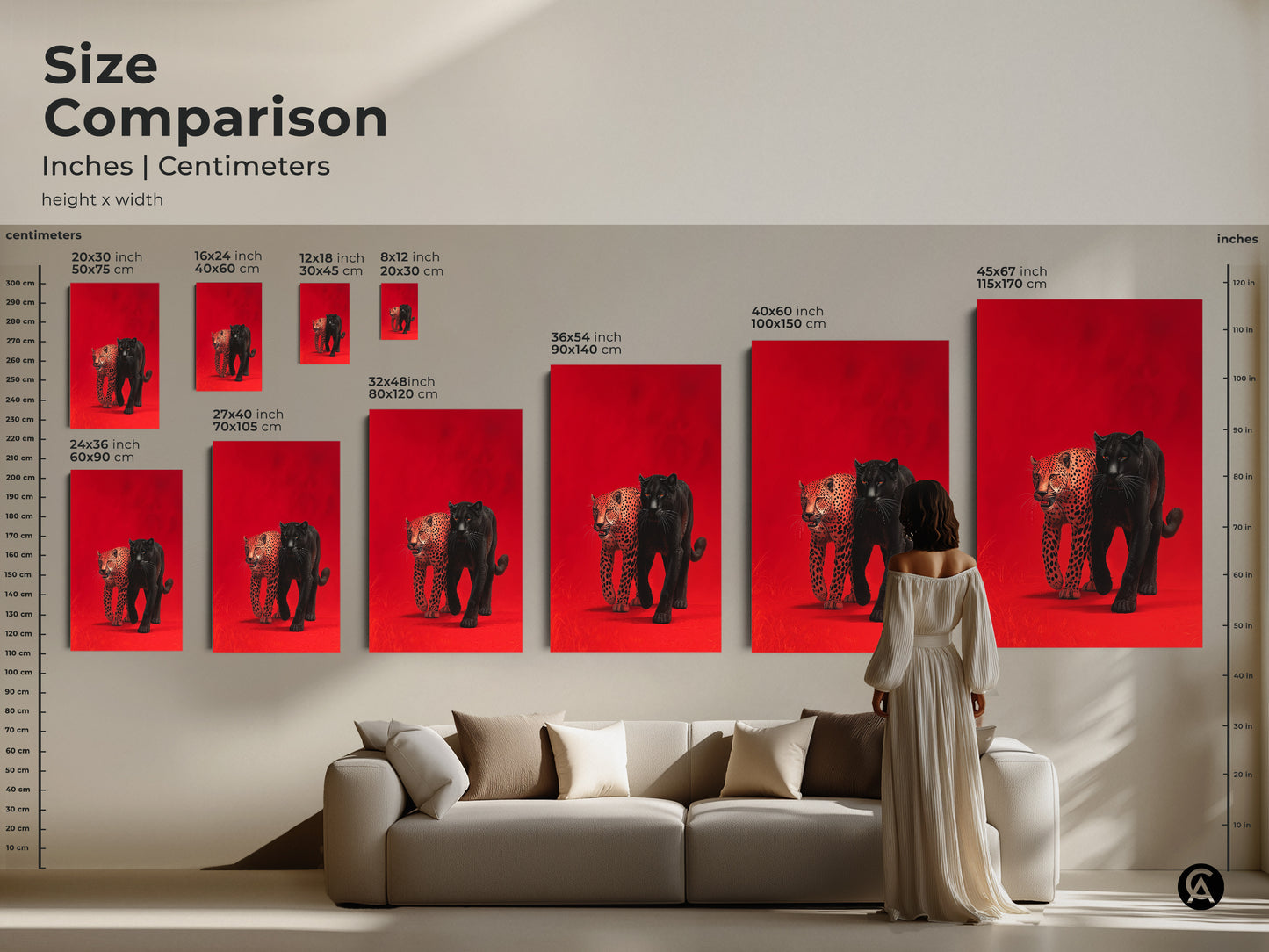 Size comparison of wildlife art featuring a black panther and leopard in inches and centimeters. See how different sizes look above a sofa with a model for scale. This artwork is available in various sizes to suit any space. Choose the perfect size to enhance your home decor.