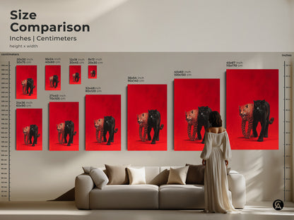 Size comparison of wildlife art featuring a black panther and leopard in inches and centimeters. See how different sizes look above a sofa with a model for scale. This artwork is available in various sizes to suit any space. Choose the perfect size to enhance your home decor.