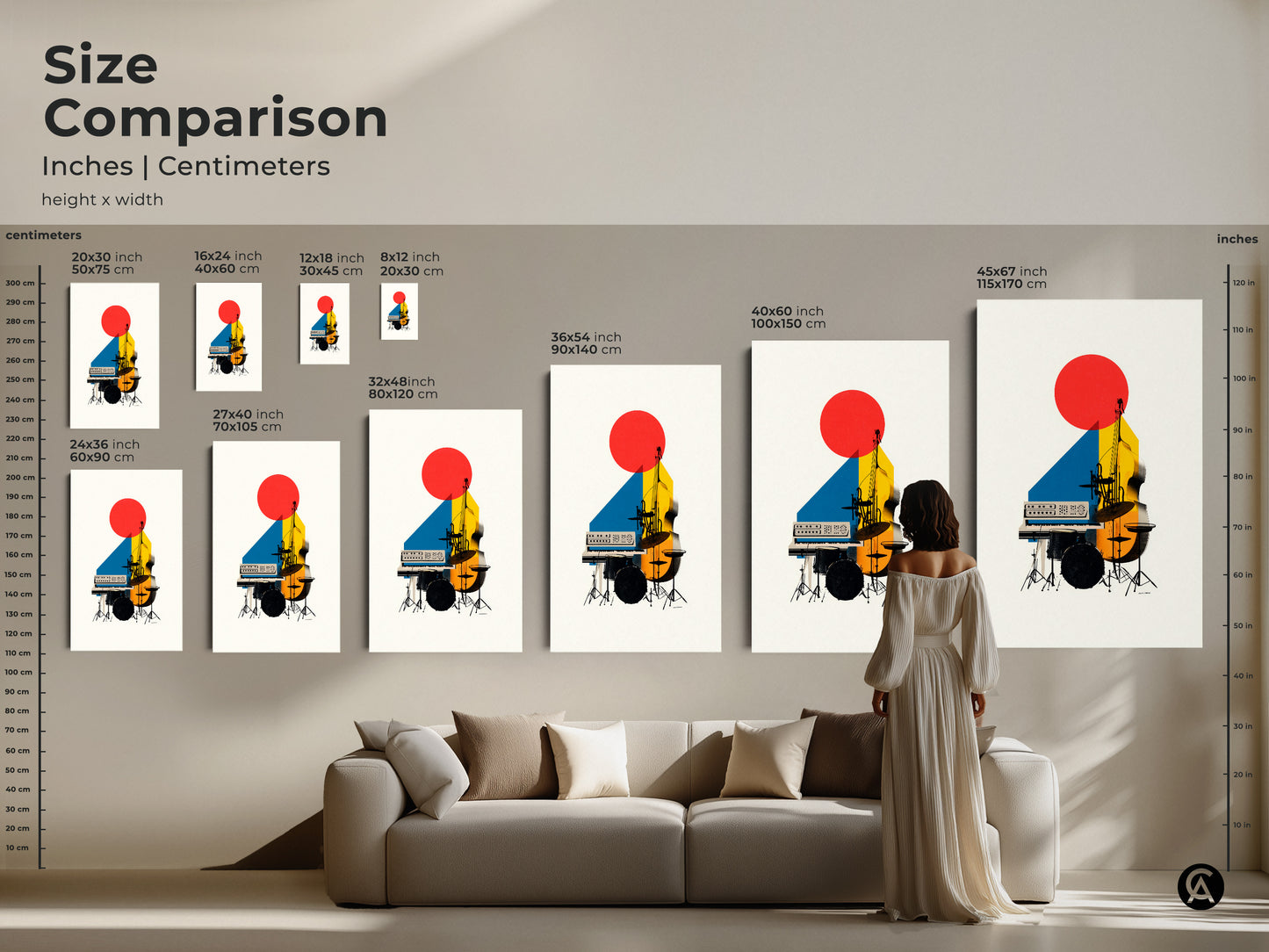 Size comparison of abstract geometric artwork shows various sizes in inches and centimeters. See the art above a modern sofa with a person standing nearby. The scale shows the art size options.