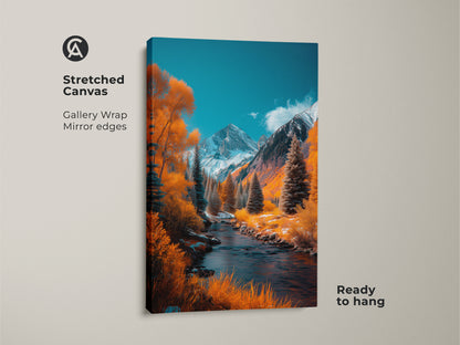 Stretched canvas artwork showcasing a vibrant mountain landscape. The river leads the eye toward snow-covered peaks under a clear blue sky. Gallery wrapped with mirrored edges this canvas print offers a modern touch. The artwork arrives ready to hang and enhance your home decor.