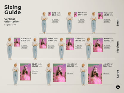 Sizing Guide for Vertical Glam Horse Art. Available in small medium and large sizes. The pink teal horse print comes in canvas and poster options. Visualize the perfect fit for your space. This Y2K horse canvas adds a touch of animal glamour to any room.