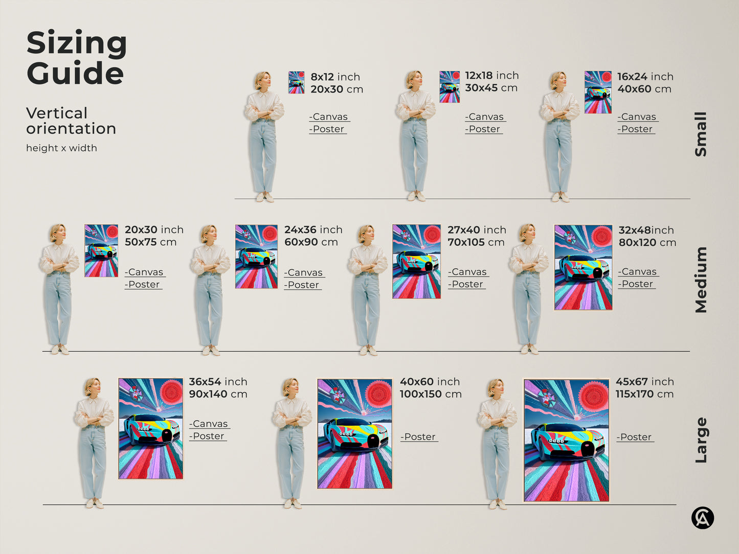 Sizing guide for vertical abstract Bugatti Vision canvas and poster prints. Options range from small medium to large sizes. This colorful automotive art is perfect for adding a modern eclectic touch to any space. It makes a great gift for car enthusiasts.