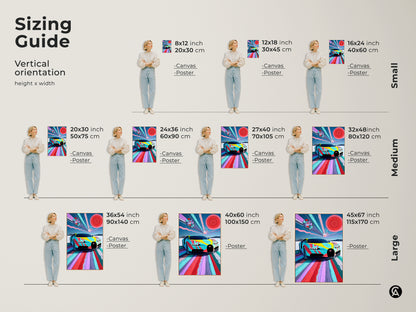 Sizing guide for vertical abstract Bugatti Vision canvas and poster prints. Options range from small medium to large sizes. This colorful automotive art is perfect for adding a modern eclectic touch to any space. It makes a great gift for car enthusiasts.