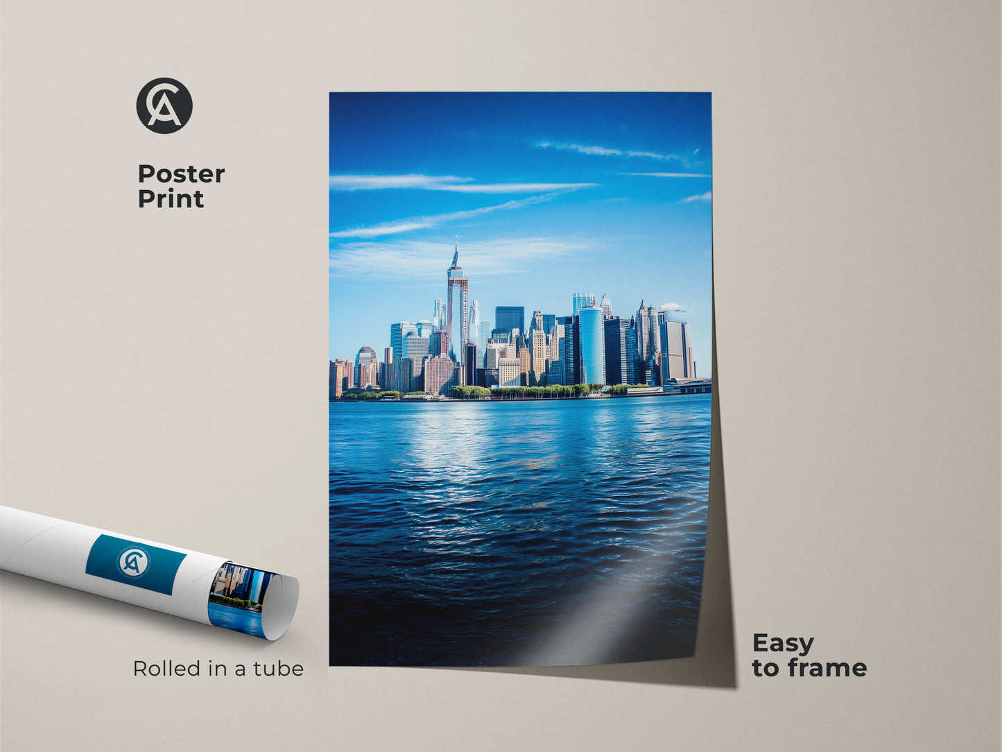 NYC cityscape wall art print rolled in a tube. This modern blue urban photography is easy to frame. It's a photorealistic bright blue city art perfect for contemporary urban decor.
