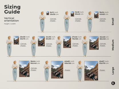 Sizing guide for vertical Rocky Mountain art prints. Find the perfect fit for your space from small to large canvas or poster. This sky blue nature photography featuring gnarled trees makes a great housewarming gift for hikers.