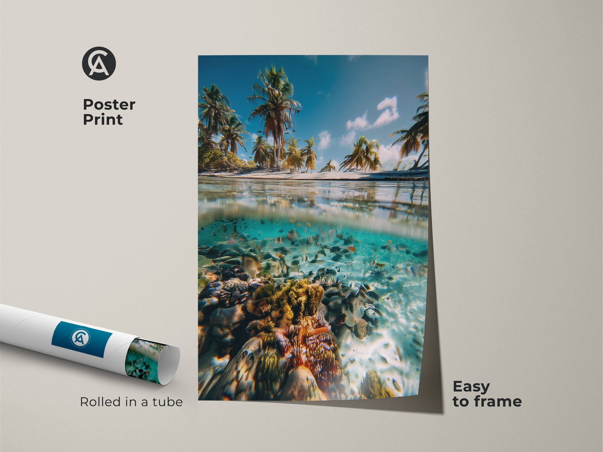 Poster print of a split view ocean scene rolled in a tube. Tropical beach art shows palm trees and a coral reef. This underwater artwork is easy to frame. Coastal wall decor brings a touch of paradise to any room. The ocean scene artwork is perfect for beach house decor.