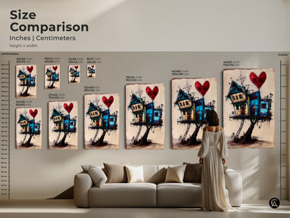 Virus scan warning on Google Drive for an image of surreal house art. A whimsical house on stilts with a red heart is offered as eclectic home decor. Download the teal blue and red canvas artwork at your own risk. Art for quirky homes.