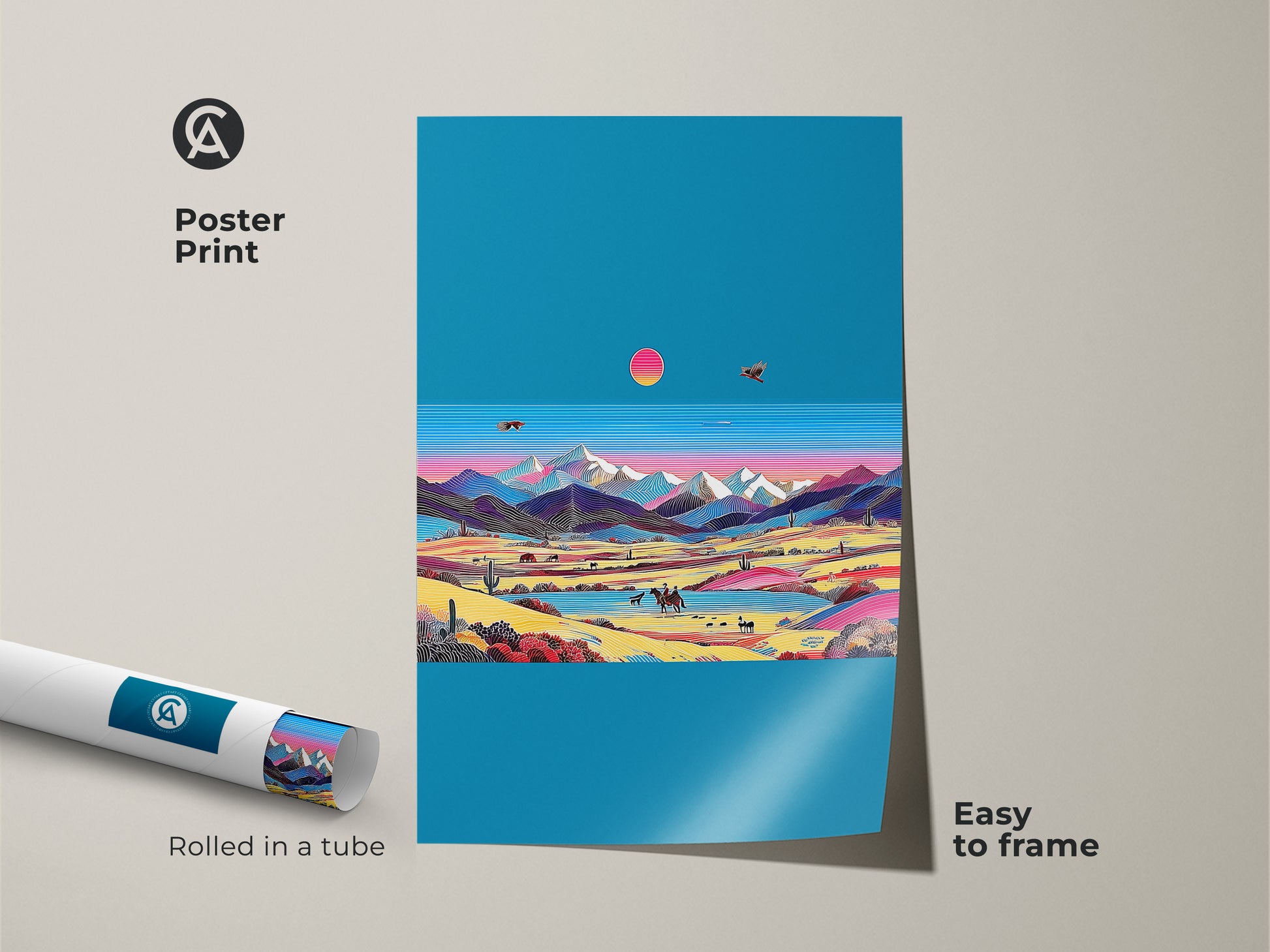 A rolled poster print with retro wave desert landscape art. It features a cowboy horse mountain scene. Eclectic teal and pink wall decor. Easy to frame art print for adventurers. This stylized vintage desert art brings color to entry halls. A colorful desert vista.