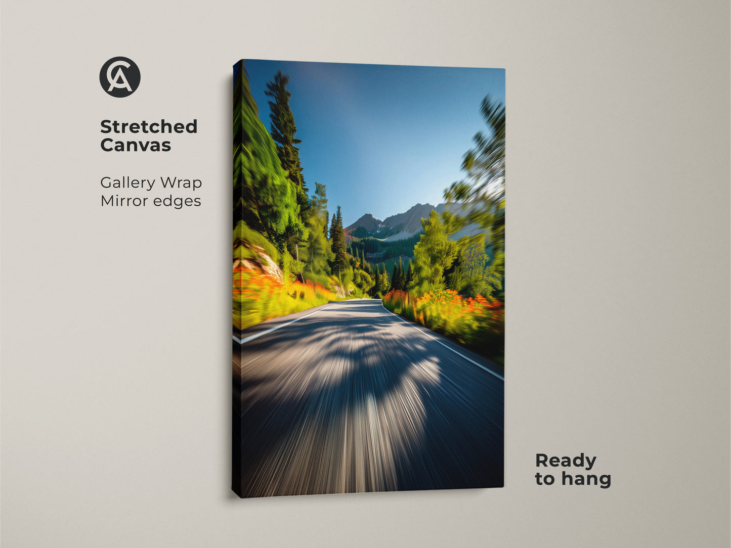 Stretched canvas art featuring a mountain road. The gallery wrap showcases mirror edges for a seamless look. The artwork is ready to hang. Ideal for adding a touch of nature to your space with this scenic view.