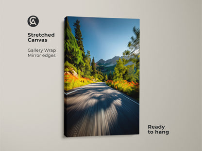 Stretched canvas art featuring a mountain road. The gallery wrap showcases mirror edges for a seamless look. The artwork is ready to hang. Ideal for adding a touch of nature to your space with this scenic view.