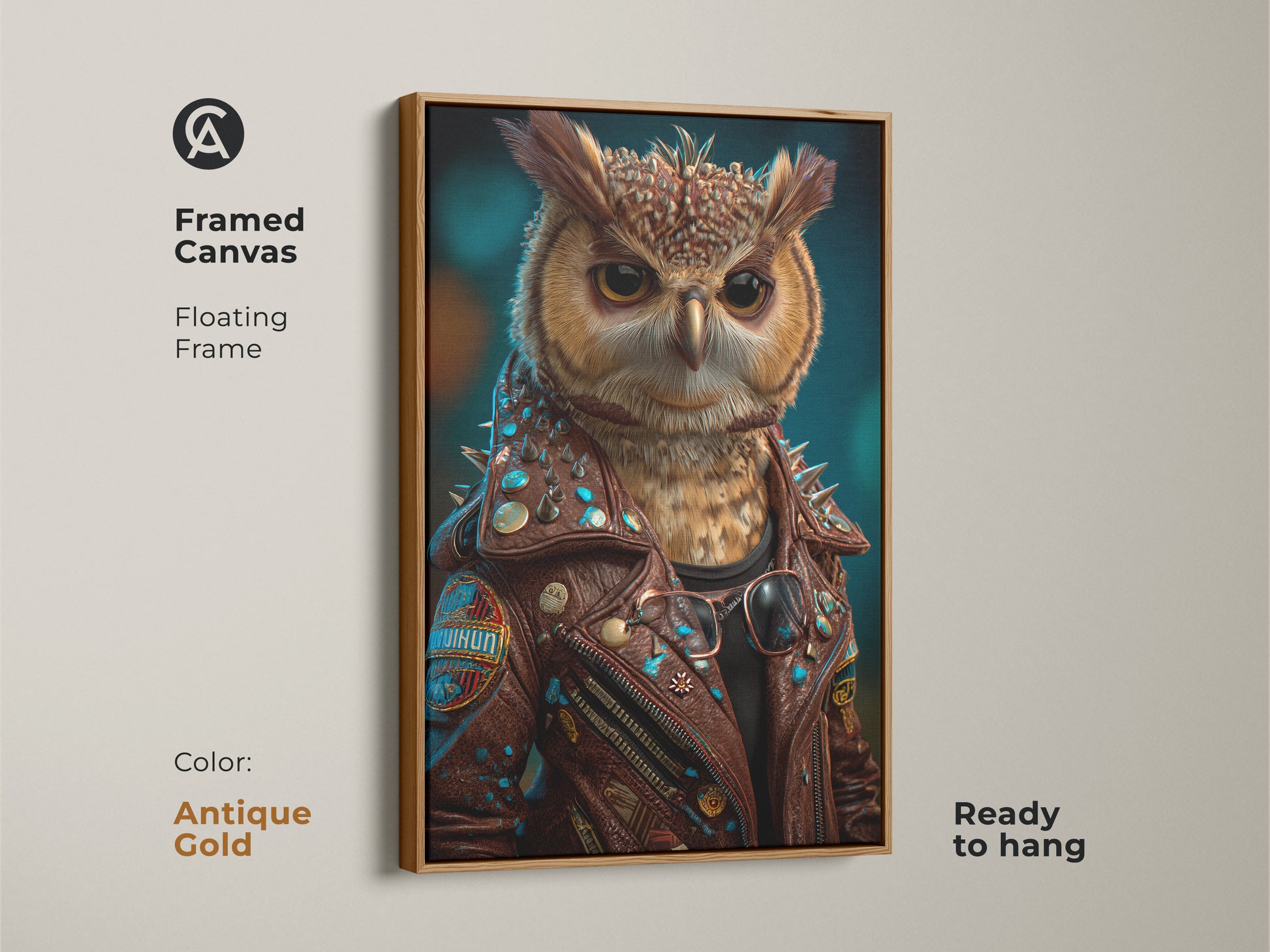 A framed canvas features a surreal owl in a brown biker jacket. This animal character wall art is ready to hang. It has an antique gold floating frame adding a vintage vibe. The orange and teal colors contributes to the eclectic animal artwork. This fantasy owl artwork would be a unique gift for animal lovers. A great piece for men's office decor.