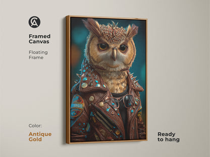 A framed canvas features a surreal owl in a brown biker jacket. This animal character wall art is ready to hang. It has an antique gold floating frame adding a vintage vibe. The orange and teal colors contributes to the eclectic animal artwork. This fantasy owl artwork would be a unique gift for animal lovers. A great piece for men's office decor.