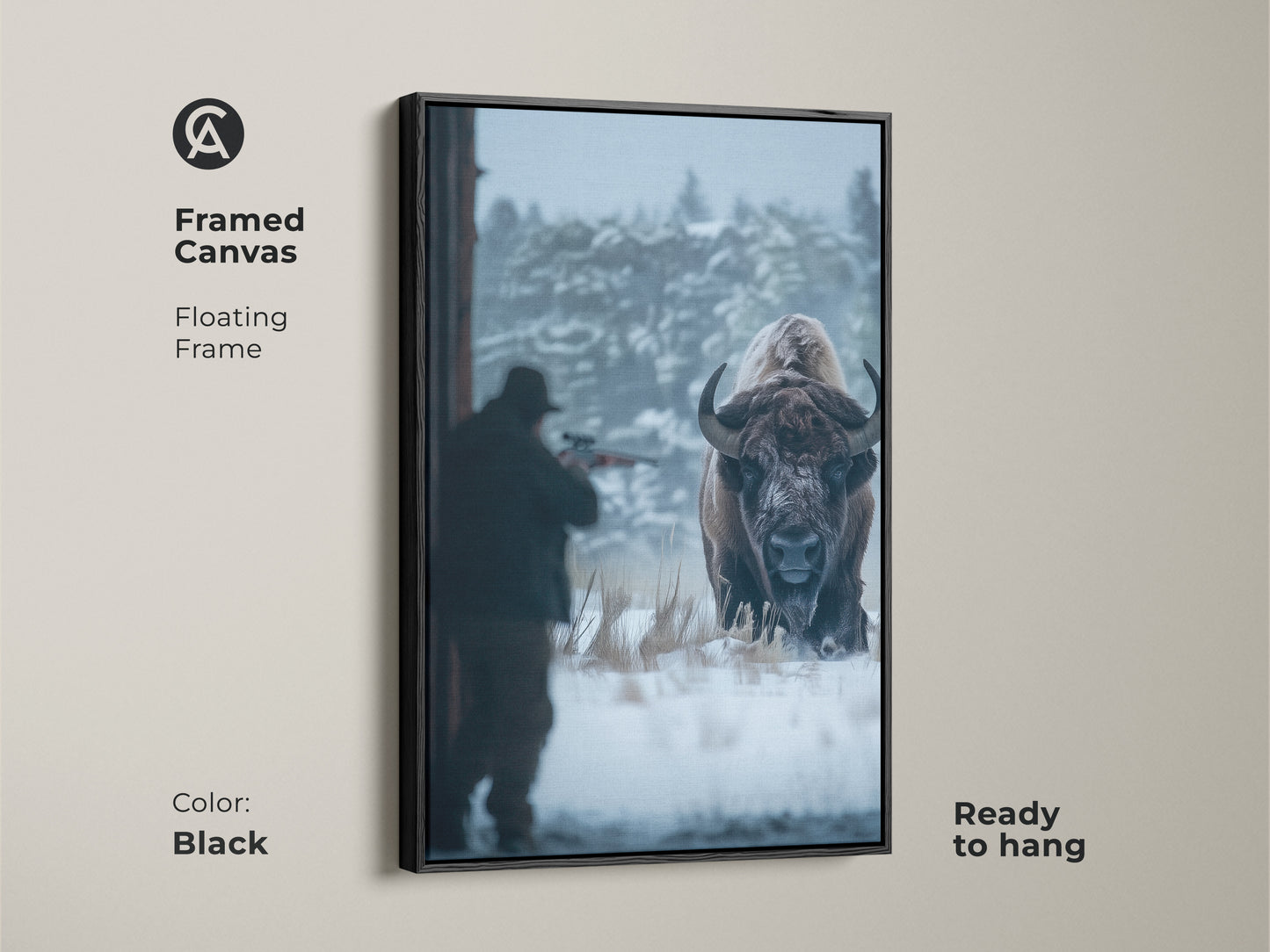 Framed canvas art showcasing a hunter aiming at a bison. The floating frame adds elegance to this wildlife artwork. Ready to hang this black framed canvas complements any decor. Perfect for art collectors. This striking piece captures a dramatic scene. Enhance your home today.