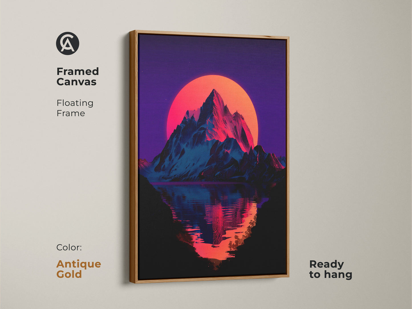 Framed canvas print features a neon mountain sunset. It has an antique gold floating frame. This synthwave aesthetic artwork adds color to your office. Ready to hang for instant retro vibes.