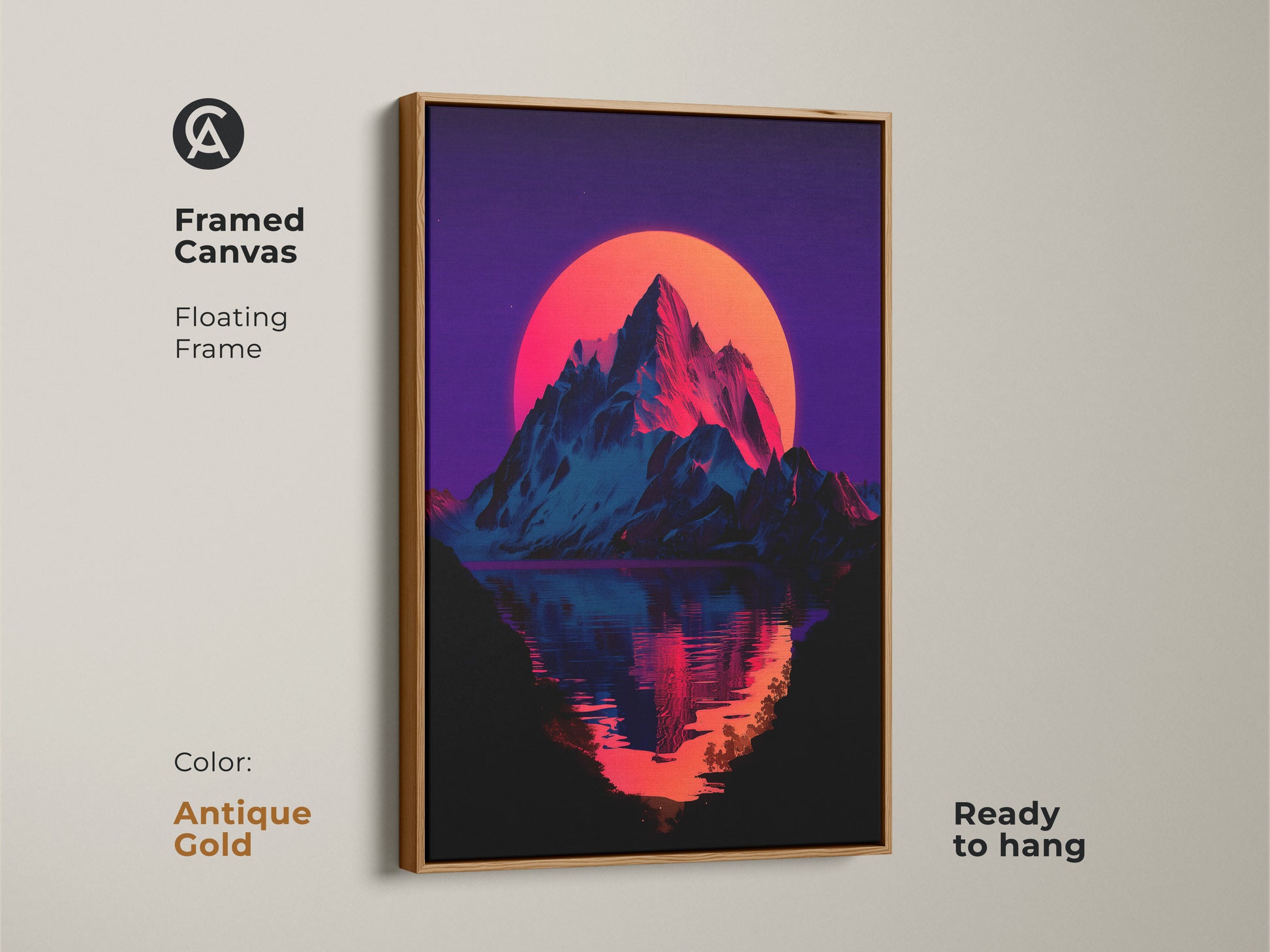 Framed canvas print features a neon mountain sunset. It has an antique gold floating frame. This synthwave aesthetic artwork adds color to your office. Ready to hang for instant retro vibes.