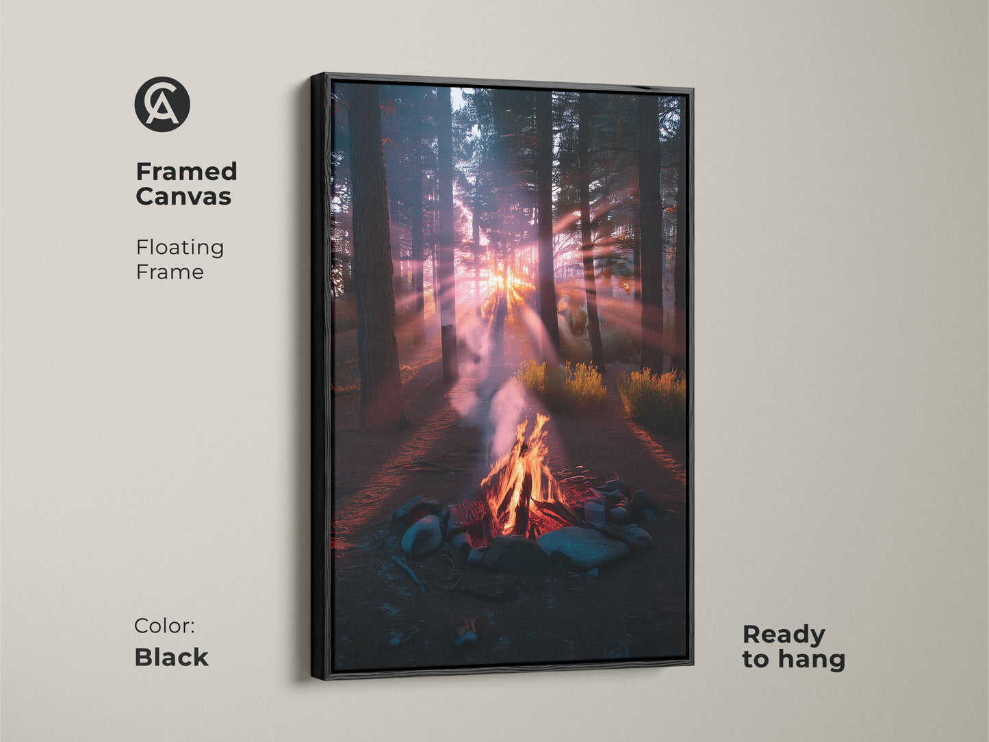 Framed canvas print of a campfire in the forest at sunset. This floating frame is black. The red and gold canvas print enhances any space. Perfect wilderness landscape art for your home. Ready to hang for easy residential outdoor decor.