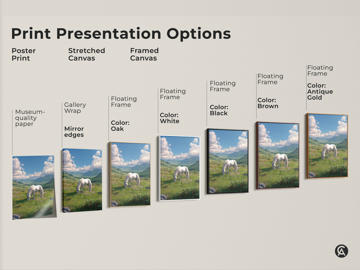 Explore print presentation options. Choose from poster prints stretched canvas and framed canvas. Each option beautifully displays the white horse art. Find the perfect format to showcase this stunning landscape artwork in your home.