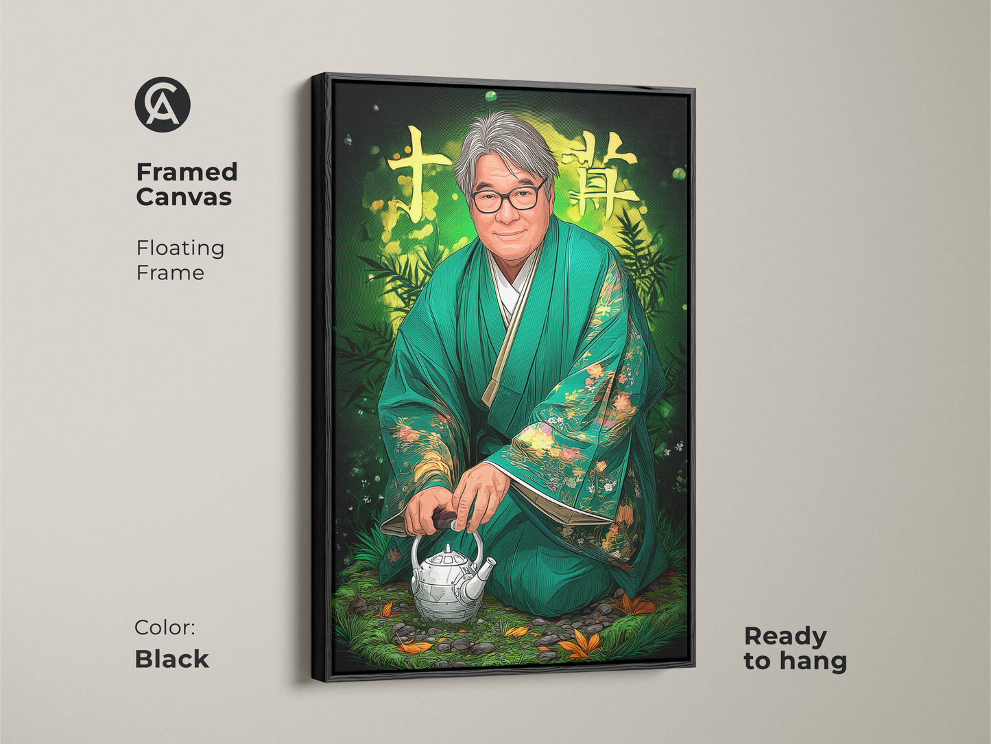 Framed canvas of a digital portrait wall art featuring a Japanese man in emerald green kimono. It's a ready to hang zen teapot canvas print with a floating black frame. The cultural Asian art print would be great eclectic home decor art.