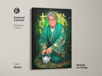 Framed canvas of a digital portrait wall art featuring a Japanese man in emerald green kimono. It's a ready to hang zen teapot canvas print with a floating black frame. The cultural Asian art print would be great eclectic home decor art.