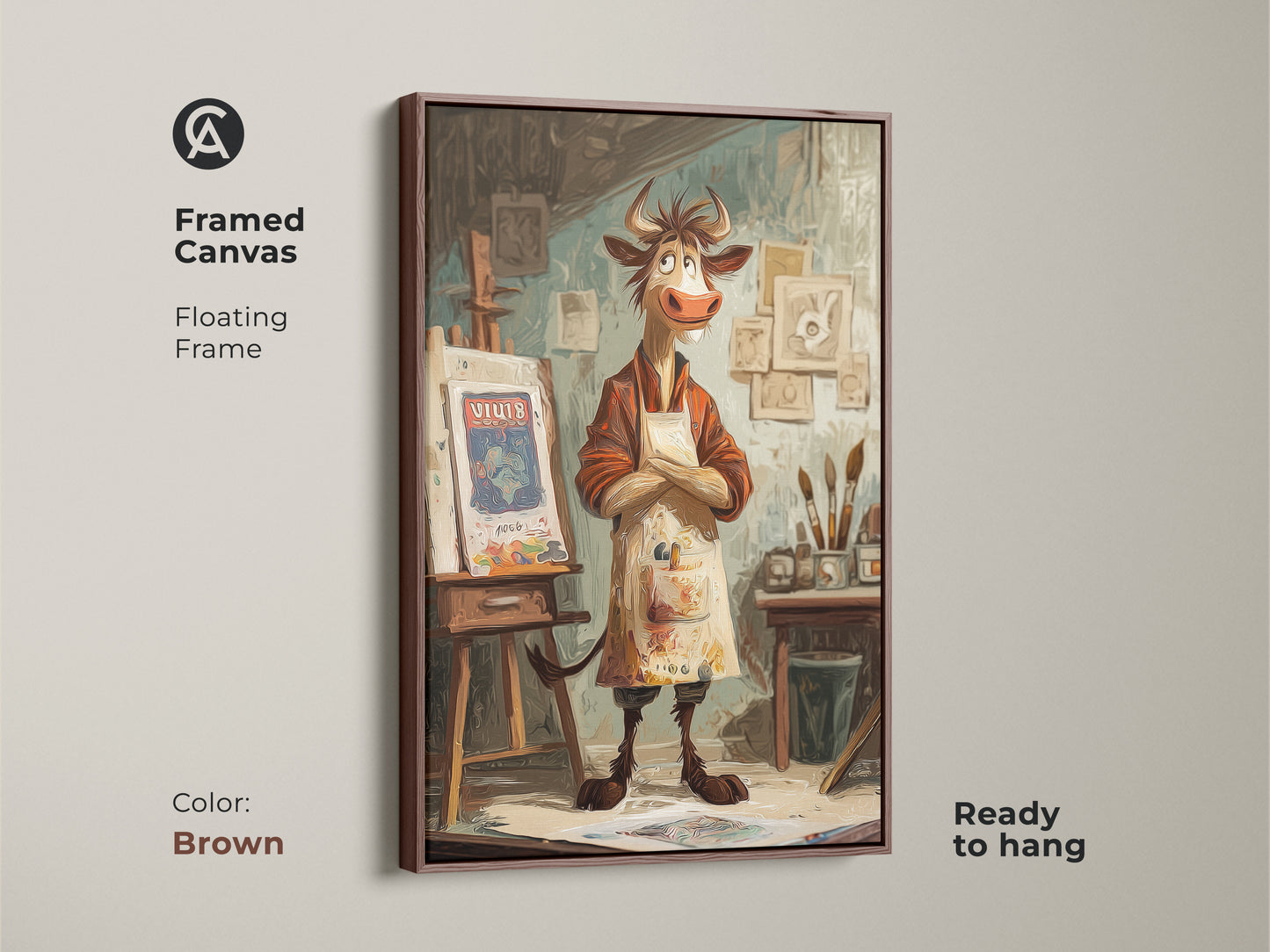 Framed canvas of a cartoon cow artist with a floating brown frame. This whimsical cow wall art is ready to hang. The studio easel painting features brown orange and blue tones. A unique animal canvas for eclectic home decor. Gift for artist.