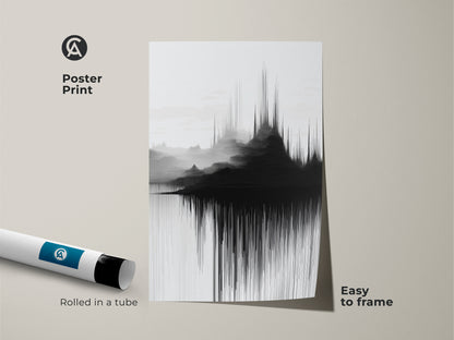Abstract soundwave mountain art presented as a poster print rolled in a tube. This minimalist black and white wall art is easy to frame and install. The soundwave inspired artwork provides a contemporary touch. An excellent addition to your home decor or office.
