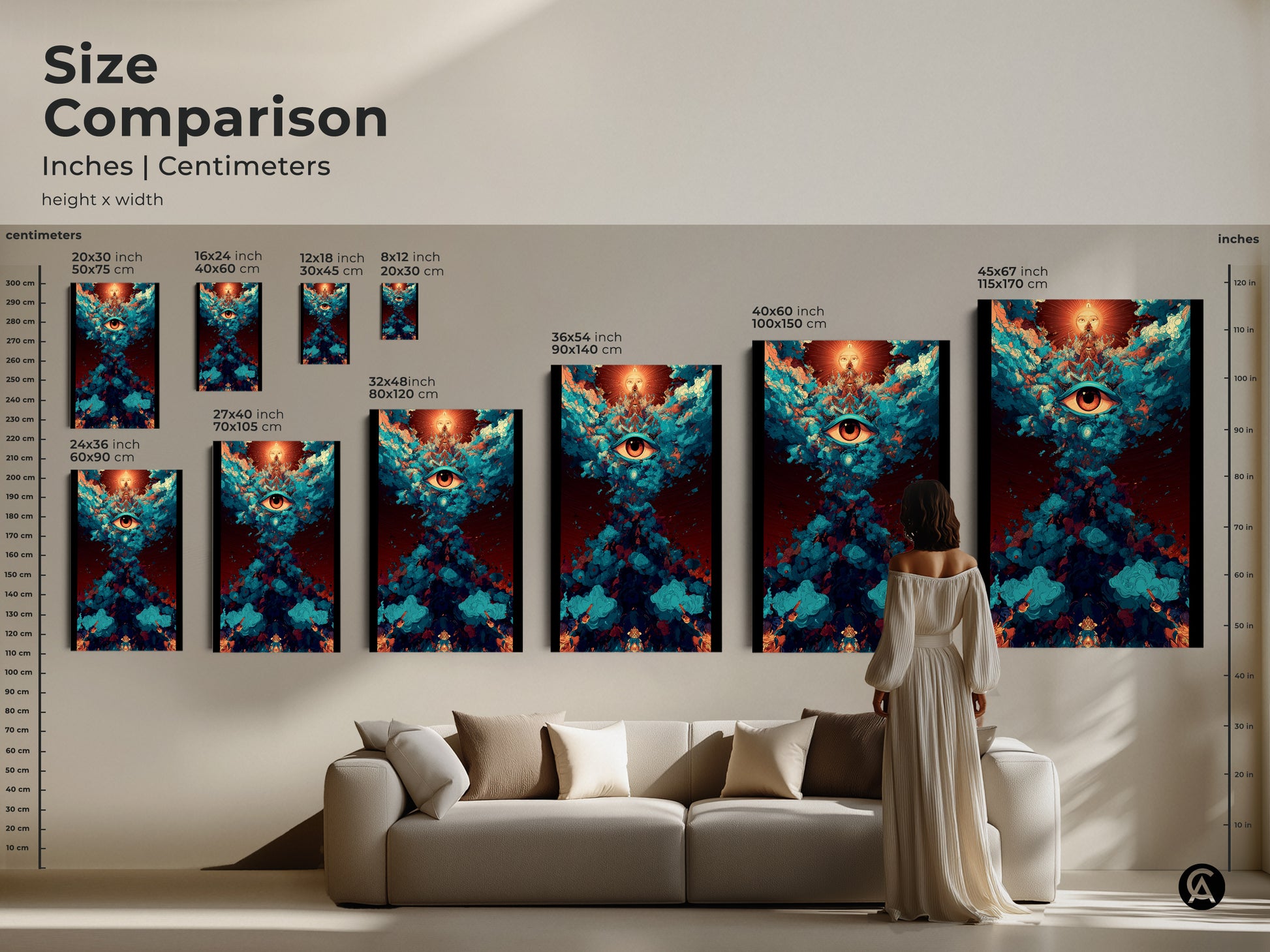 Size comparison of abstract eye canvas art. Inches and centimeters shown for various sizes. See how the artwork fits above a sofa. Visualize the perfect size for your space. Perfect spiritual abstract art for eclectic home decor.