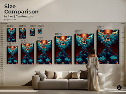 Size comparison of abstract eye canvas art. Inches and centimeters shown for various sizes. See how the artwork fits above a sofa. Visualize the perfect size for your space. Perfect spiritual abstract art for eclectic home decor.