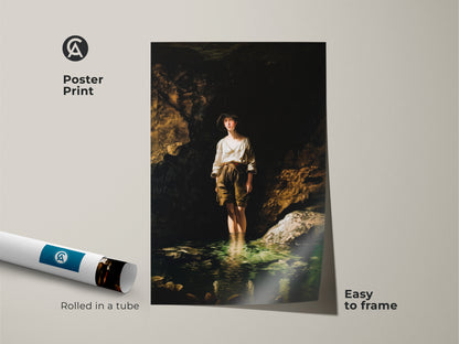 Poster print features a classical realism art piece of a boy in a river. This traditional landscape wall artwork is easy to frame. Ideal for those who appreciate old masters painting reproductions. Rolled in a tube for safe delivery.