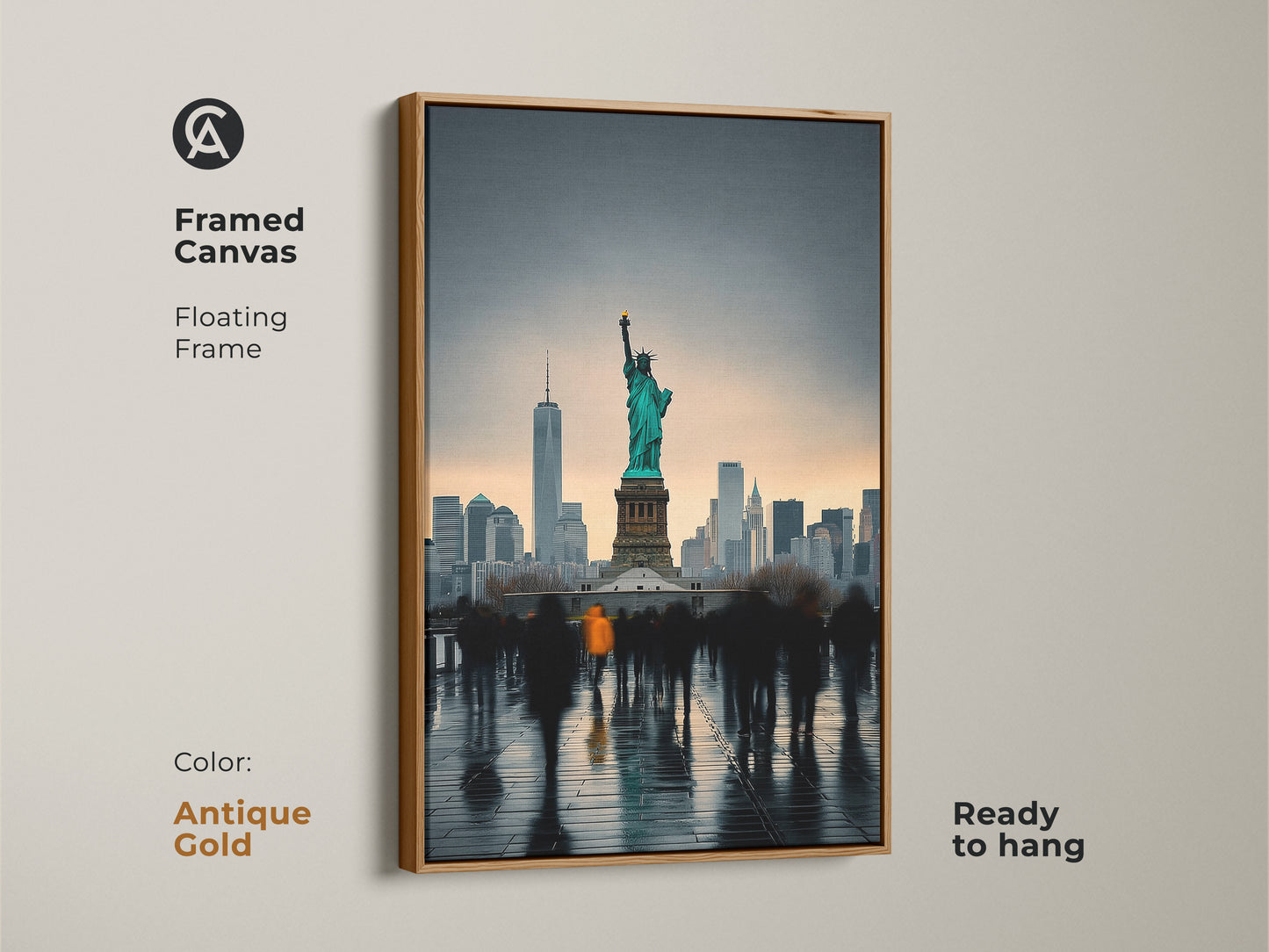 Framed canvas presenting the NYC skyline with the Statue of Liberty. The antique gold floating frame gives this contemporary artwork a classic touch. Ready to hang this piece is ideal for residential wall decor. The teal and gray art print is a New York themed decor item.