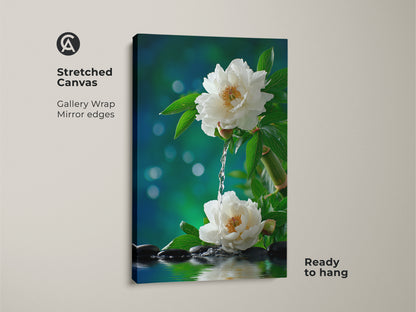 Stretched canvas print of white peonies with water. Gallery wrapped canvas with mirrored edges. The floral art creates a peaceful atmosphere. Ready to hang and enjoy in any room of your home.