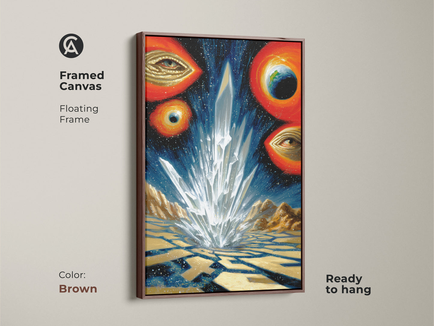 Framed Canvas with floating frame featuring surreal crystal landscape artwork. It includes cosmic space eyes and Earth motifs in deep blues fiery oranges and shimmering whites. This abstract celestial art is perfect as a unique home decor gift.