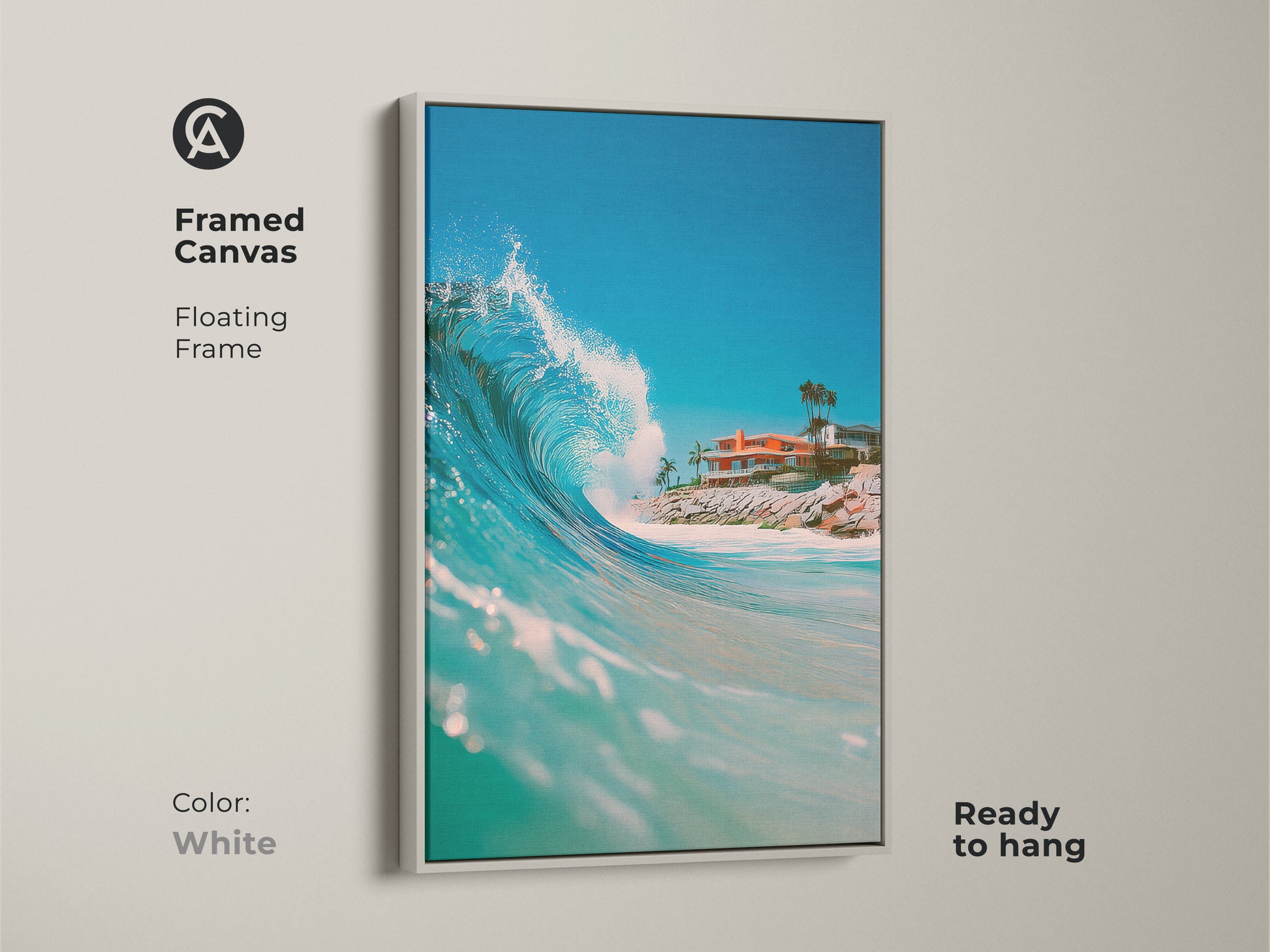 Framed canvas with a floating frame in white featuring ocean wave art. The artwork is ready to hang. The crisp white frame highlights the beauty of the wave and coastal home. This framed print brings a fresh coastal vibe to any room.