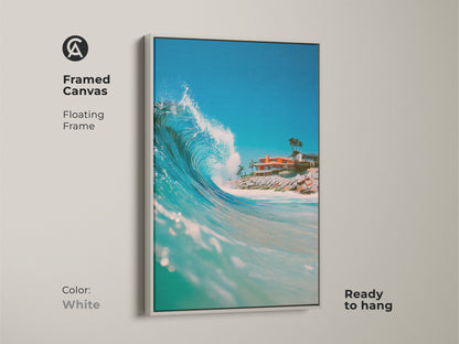 Framed canvas with a floating frame in white featuring ocean wave art. The artwork is ready to hang. The crisp white frame highlights the beauty of the wave and coastal home. This framed print brings a fresh coastal vibe to any room.