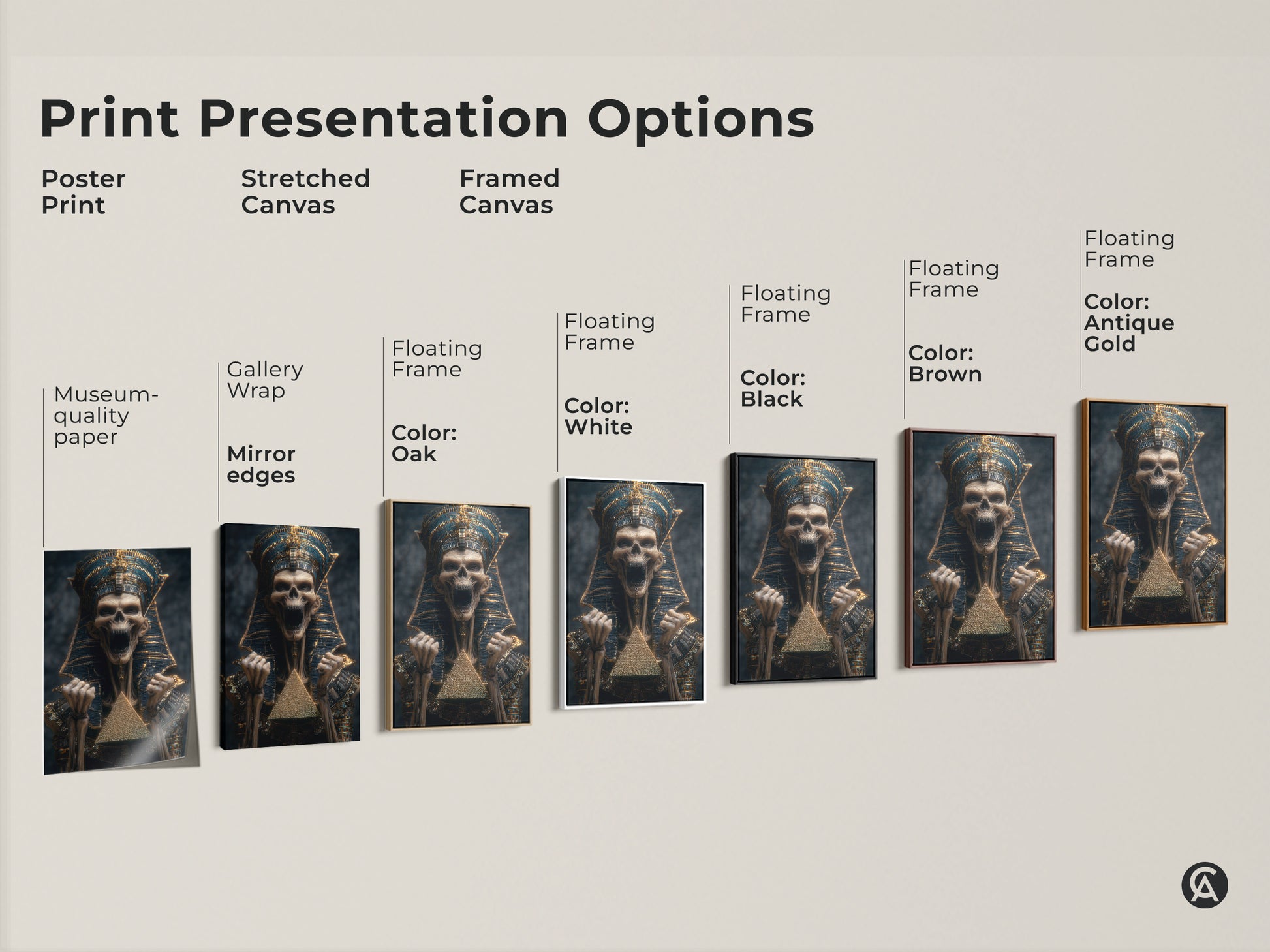 Explore the variety of print presentation options. Find the perfect framed canvas or museum-quality poster. Choose your color: white black oak brown or antique gold. Display your skeleton pharaoh art in style.