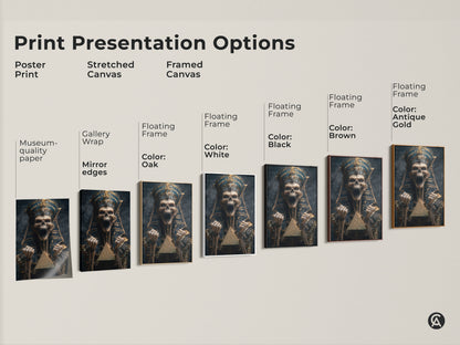 Explore the variety of print presentation options. Find the perfect framed canvas or museum-quality poster. Choose your color: white black oak brown or antique gold. Display your skeleton pharaoh art in style.