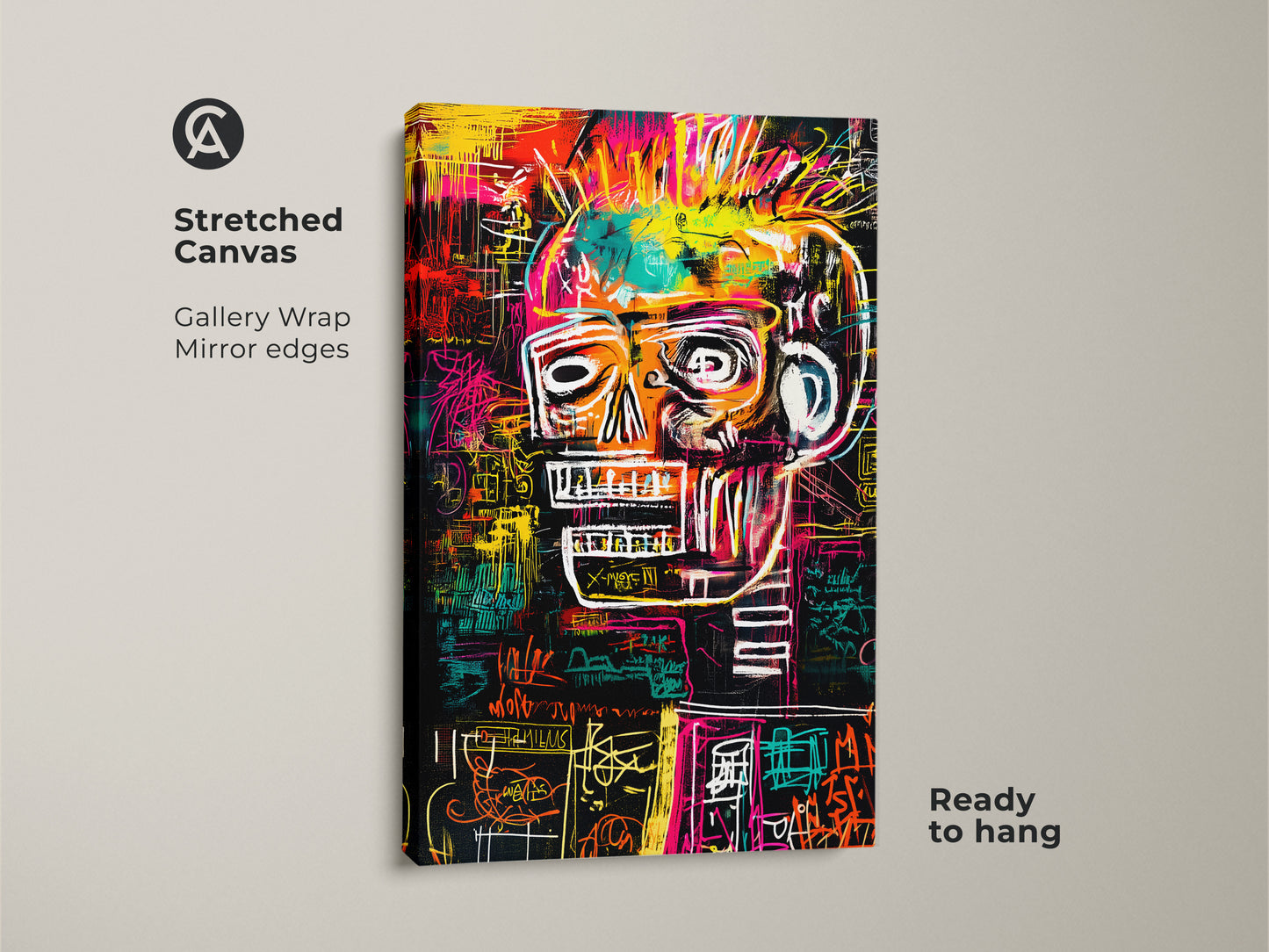 Stretched canvas print showcasing a skull artwork with gallery wrap and mirror edges. The colorful design is ready to hang. This piece adds a modern artistic touch to your decor. The stretched canvas ensures a clean professional look.