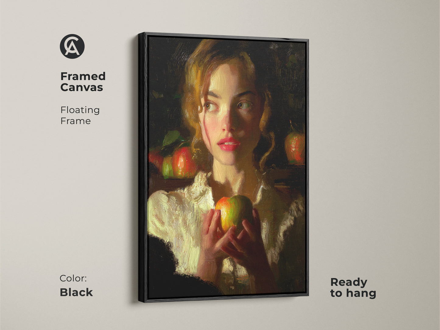 Framed canvas with a floating frame showcasing a woman holding an apple. The black frame complements the classical realism style. It is a traditional wall art piece. The deep red and green artwork is ready to hang. It is perfect for adding elegance to a bedroom or home office.