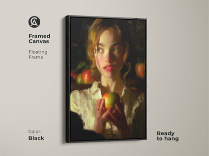 Framed canvas with a floating frame showcasing a woman holding an apple. The black frame complements the classical realism style. It is a traditional wall art piece. The deep red and green artwork is ready to hang. It is perfect for adding elegance to a bedroom or home office.